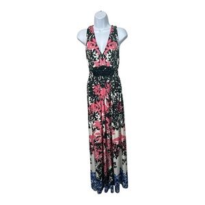 Vtg ECI New York Maxi Dress Sz 14 Bold Colorful Floral Built in belt Resortwear